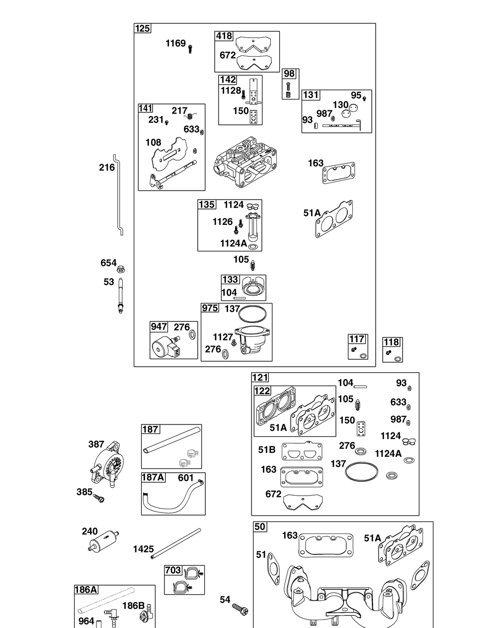 Carburetor And Fuel Supply Group Diagram and Parts List for 49V677-0004-G1 400000 - 699999 Briggs and Stratton Engine